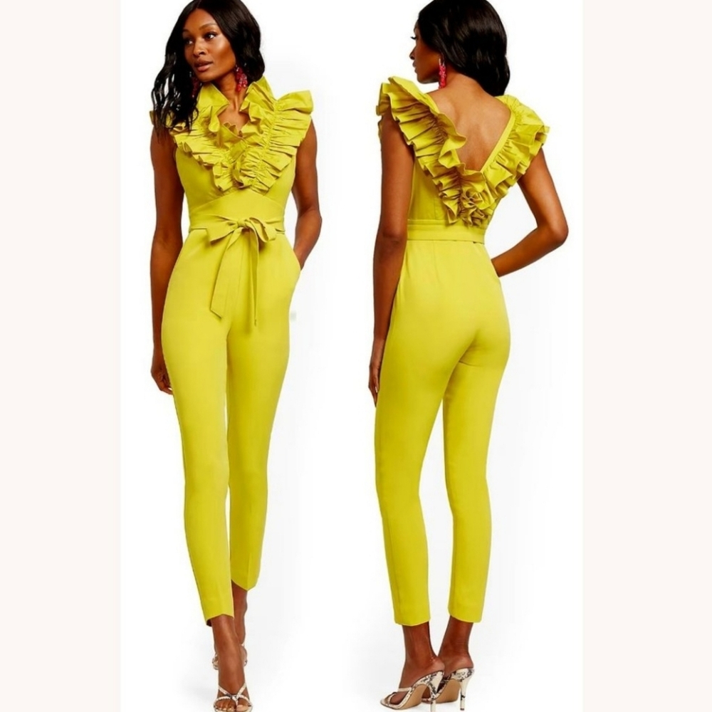 New York & Company Yellow Ruffle V-Neck Jumpsuit
